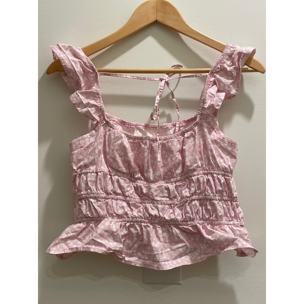 Altar'd State Pink Floral Smocked Peplum Crop Top Ruffle Strap - Picture 2 of 6